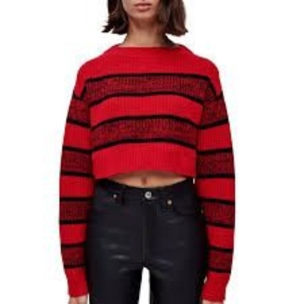 RE/DONE Cropped Boatneck Pullover Wool Sweater Sz S Red Black Rugby